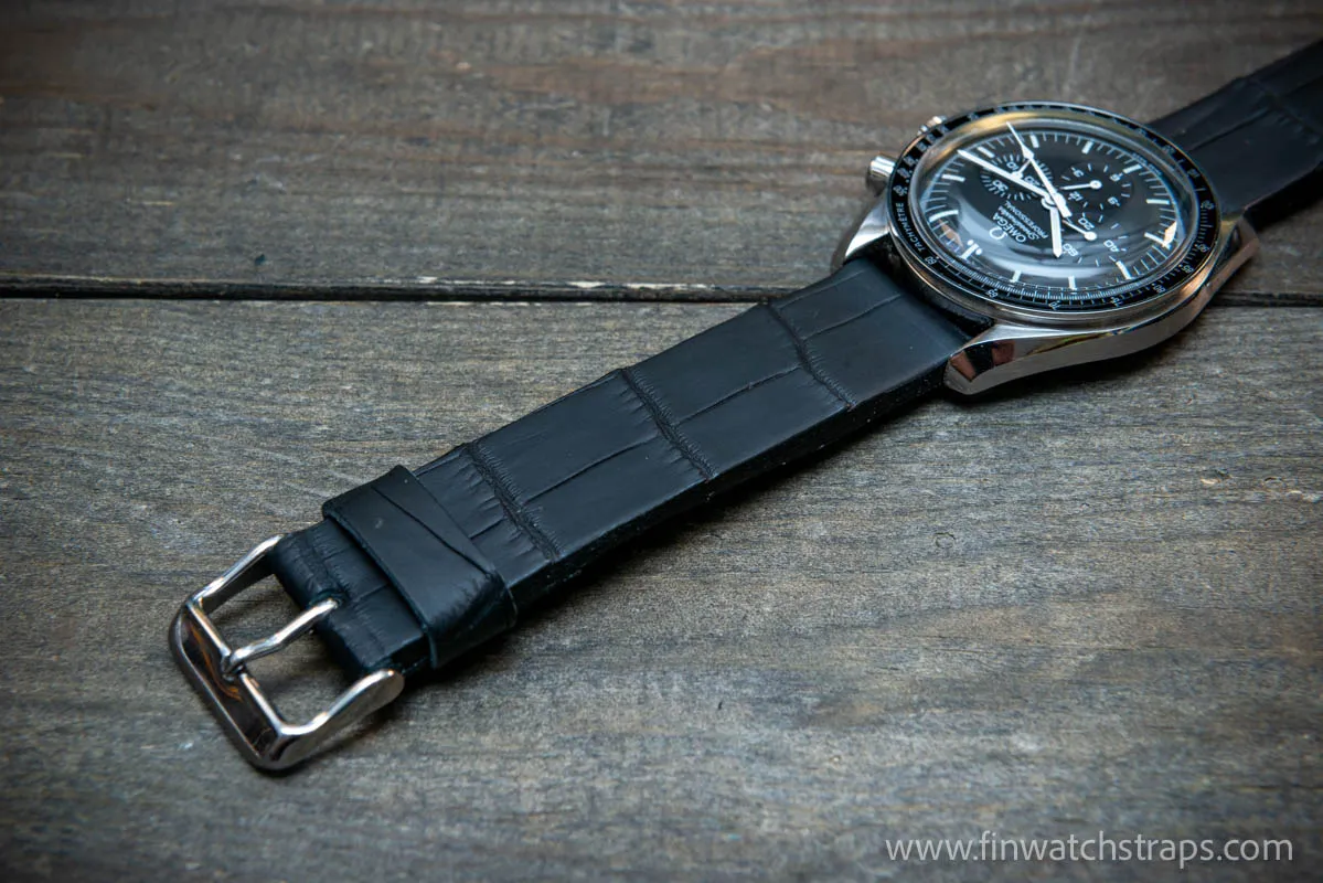 Alligator watch strap, French Croco,  Black matte color,  handmade in Finland, 10-26 mm.