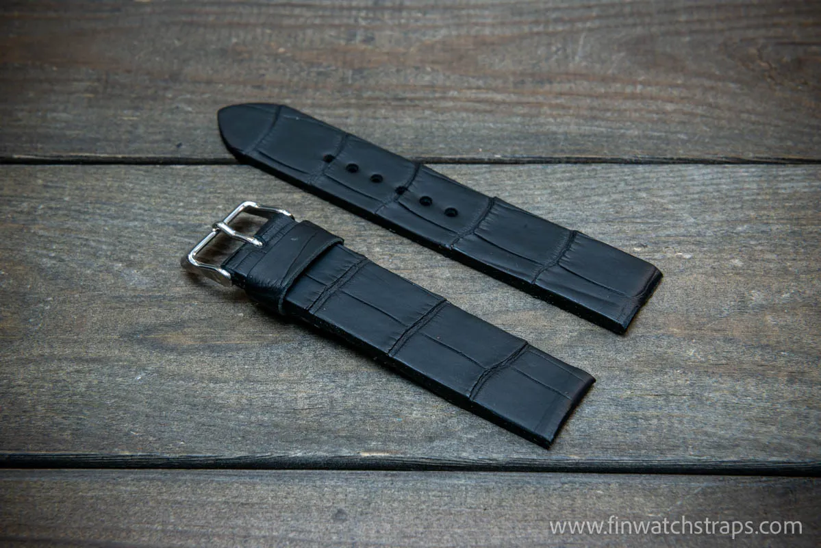 Alligator watch strap, French Croco,  Black matte color,  handmade in Finland, 10-26 mm.