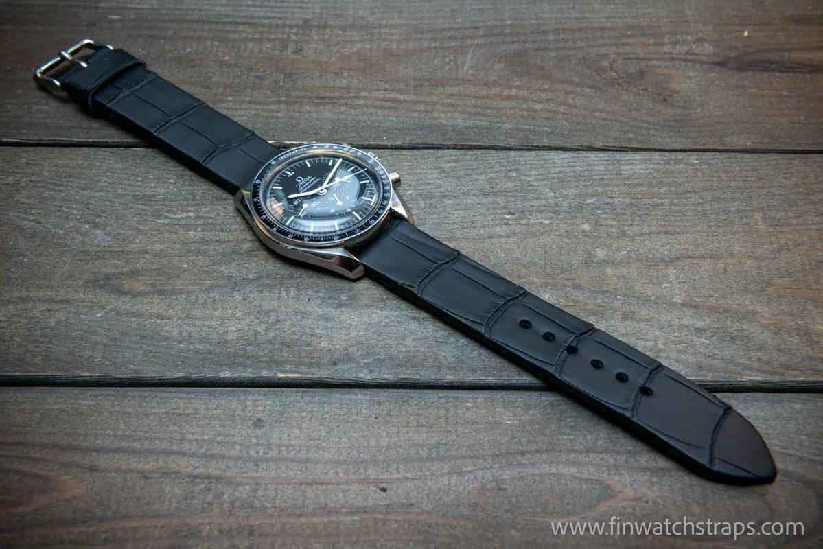 Alligator watch strap, French Croco,  Black matte color,  handmade in Finland, 10-26 mm.