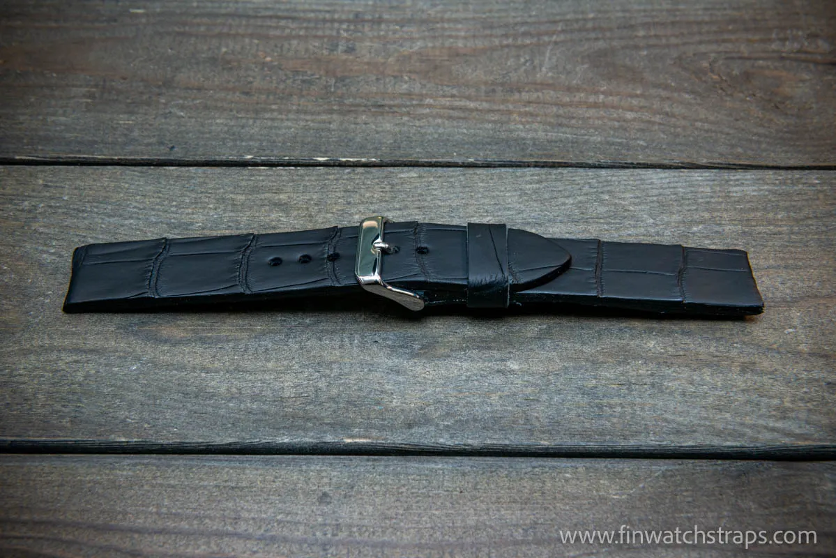 Alligator watch strap, French Croco,  Black matte color,  handmade in Finland, 10-26 mm.