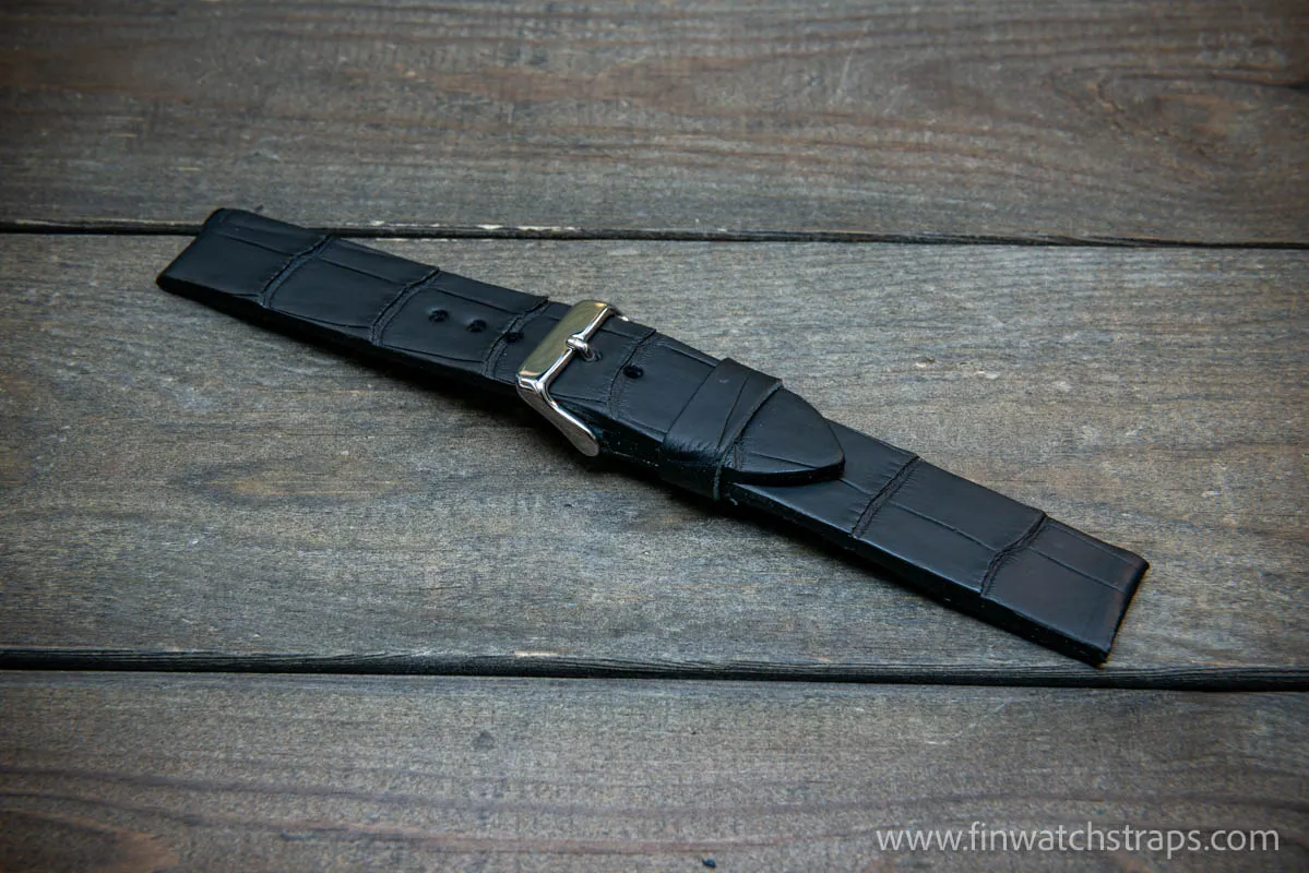 Alligator watch strap, French Croco,  Black matte color,  handmade in Finland, 10-26 mm.