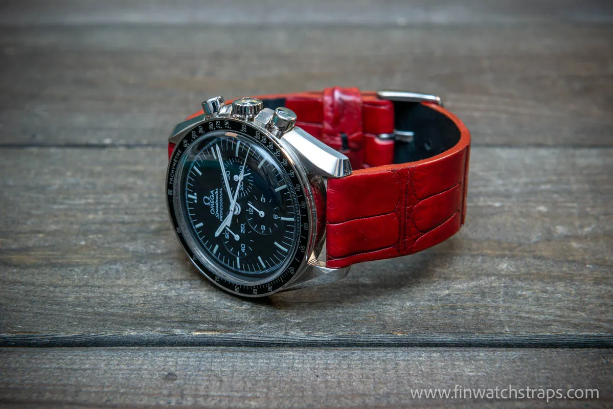 Alligator watch strap, French Croco,  Red color,  handmade in Finland, 10-26 mm.