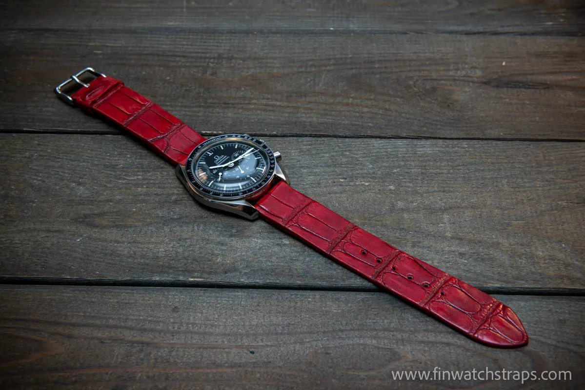 Alligator watch strap, French Croco,  Red color,  handmade in Finland, 10-26 mm.