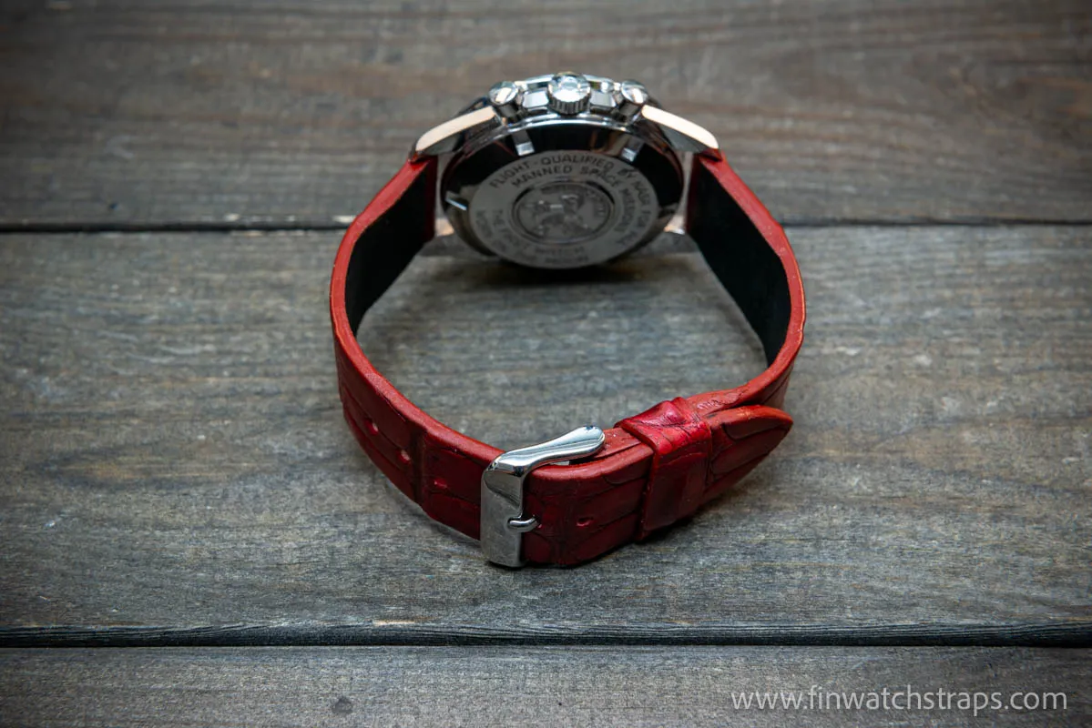 Alligator watch strap, French Croco,  Red color,  handmade in Finland, 10-26 mm.