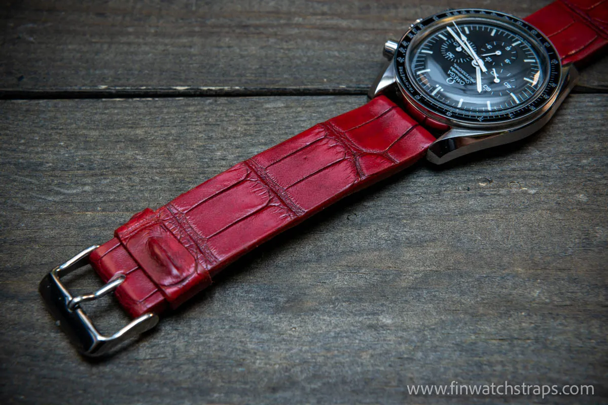 Alligator watch strap, French Croco,  Red color,  handmade in Finland, 10-26 mm.