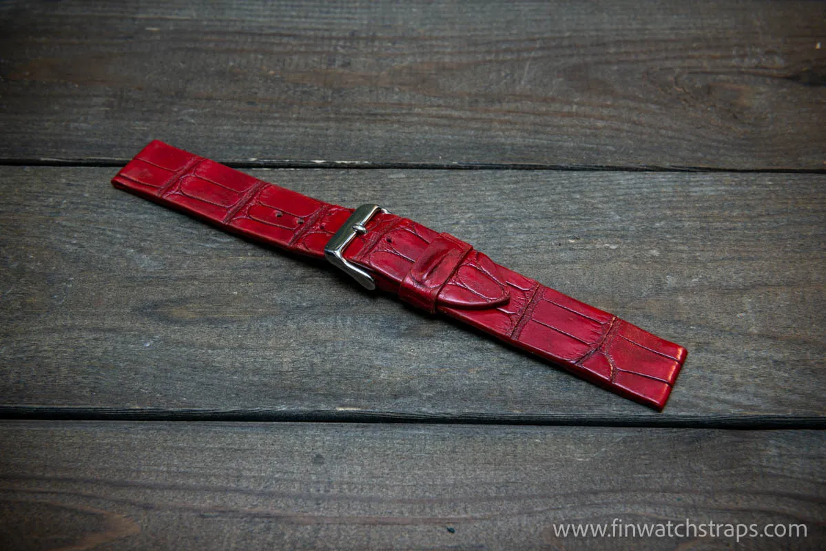 Alligator watch strap, French Croco,  Red color,  handmade in Finland, 10-26 mm.
