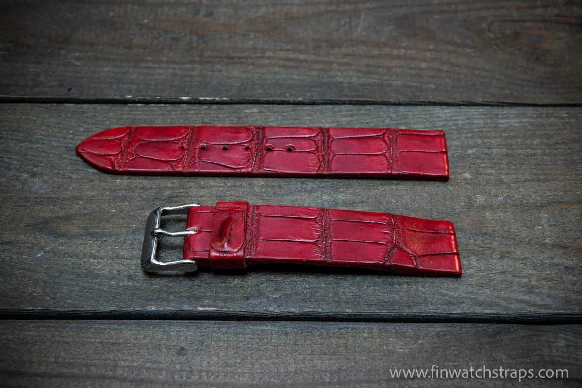 Alligator watch strap, French Croco,  Red color,  handmade in Finland, 10-26 mm.