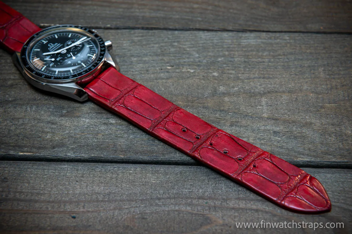 Alligator watch strap, French Croco,  Red color,  handmade in Finland, 10-26 mm.