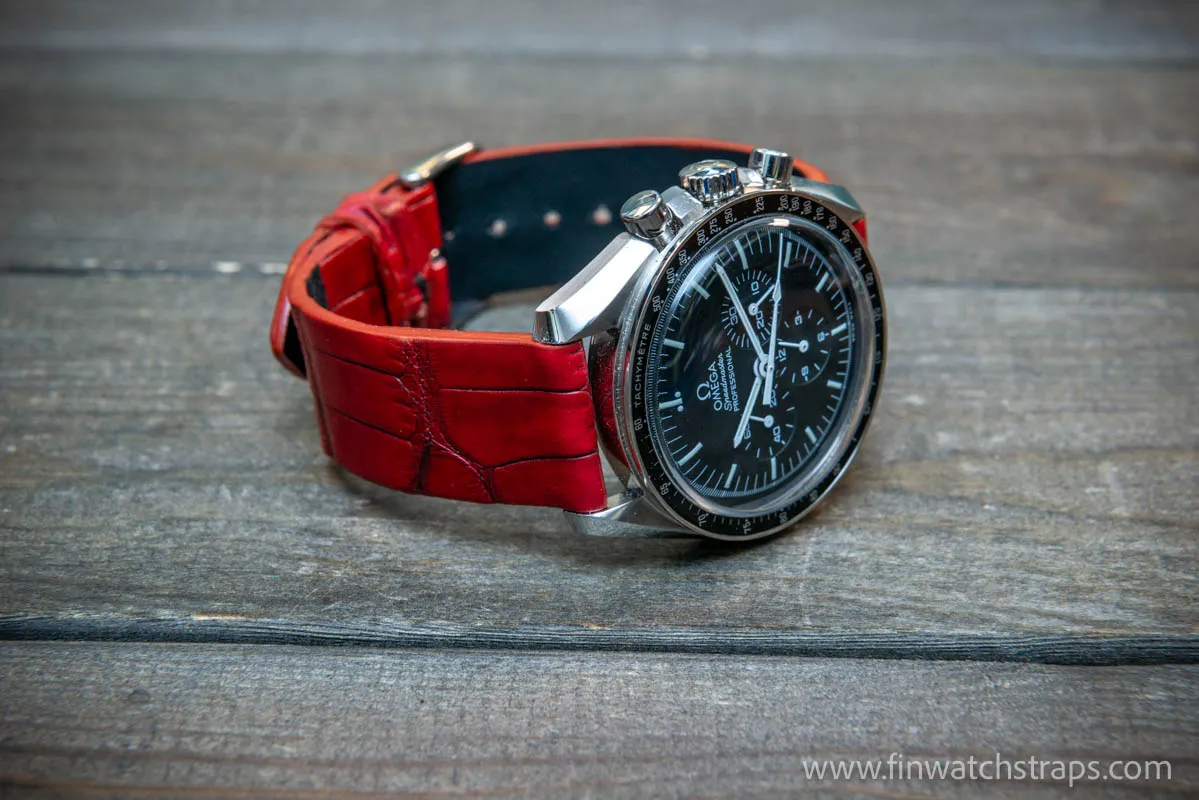Alligator watch strap, French Croco,  Red color,  handmade in Finland, 10-26 mm.