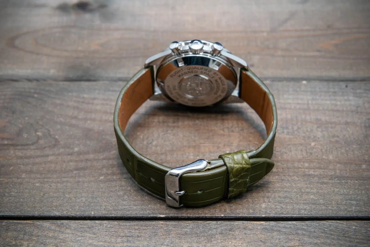 Alligator watch strap, Olive matte, French Croco, handmade in Finland