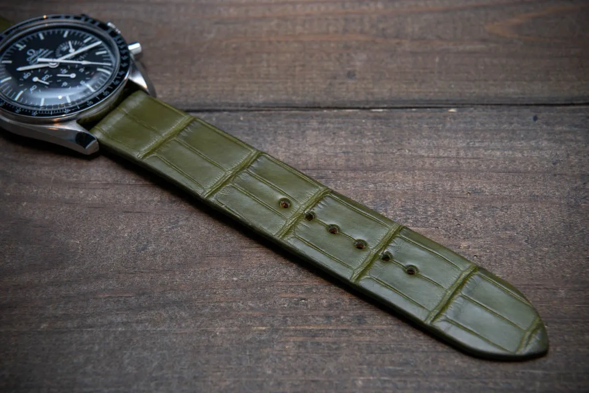Alligator watch strap, Olive matte, French Croco, handmade in Finland