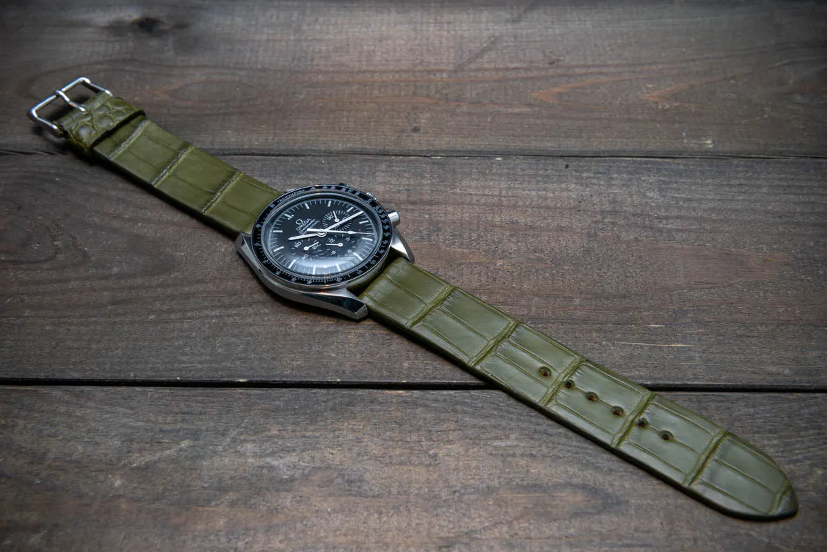 Alligator watch strap, Olive matte, French Croco, handmade in Finland