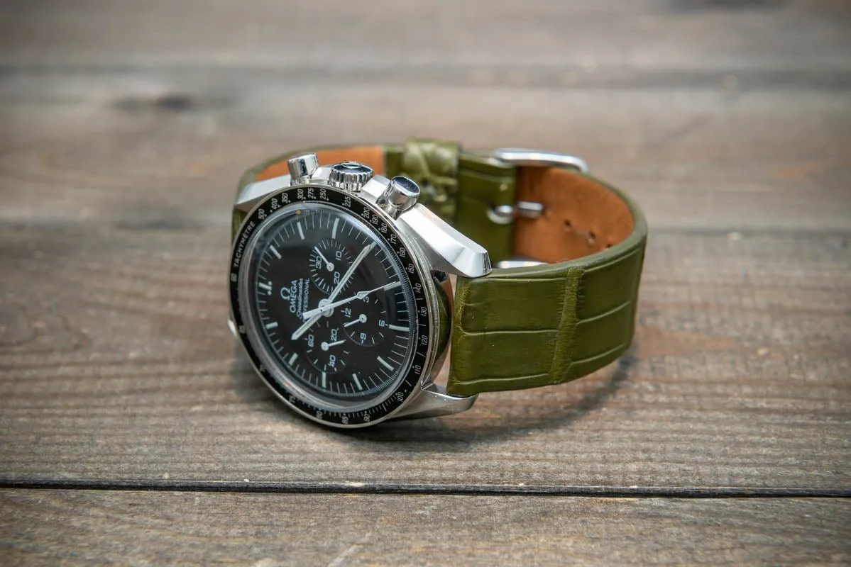 Alligator watch strap, Olive matte, French Croco, handmade in Finland