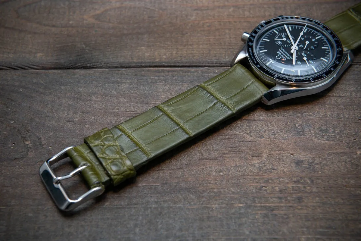 Alligator watch strap, Olive matte, French Croco, handmade in Finland