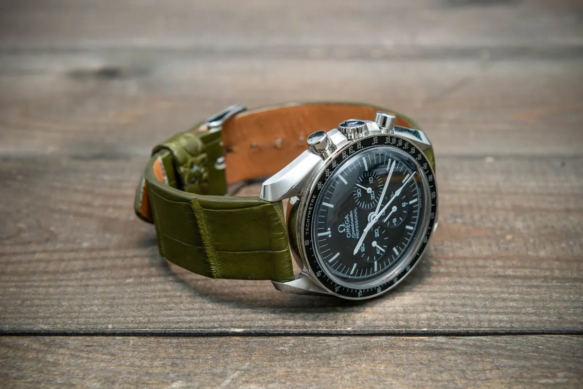 Alligator watch strap, Olive matte, French Croco, handmade in Finland