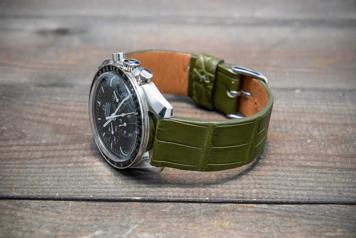 Alligator watch strap, Olive matte, French Croco, handmade in Finland