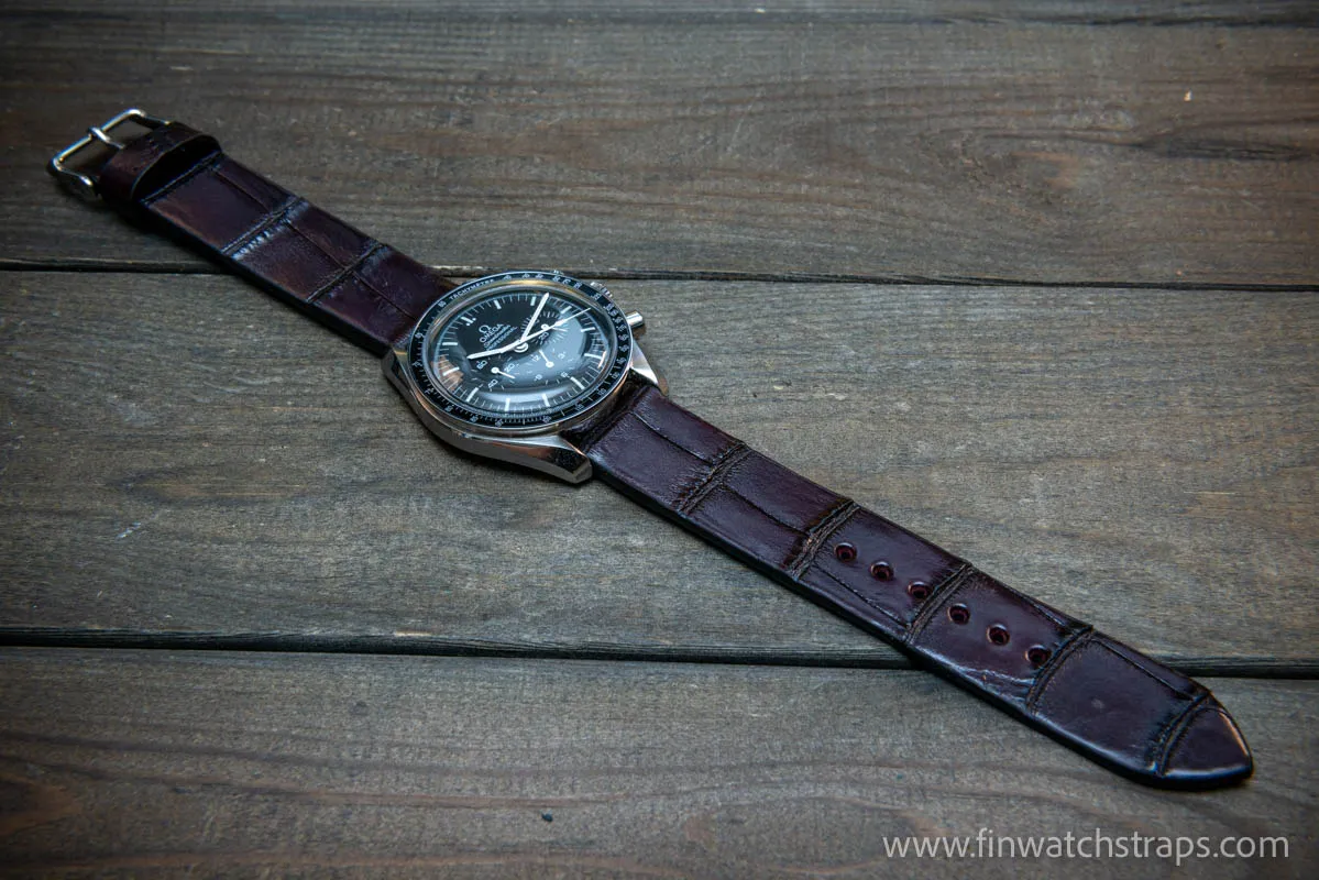 Alligator watch strap, Plum color,  handmade in Finland, 10-26 mm.
