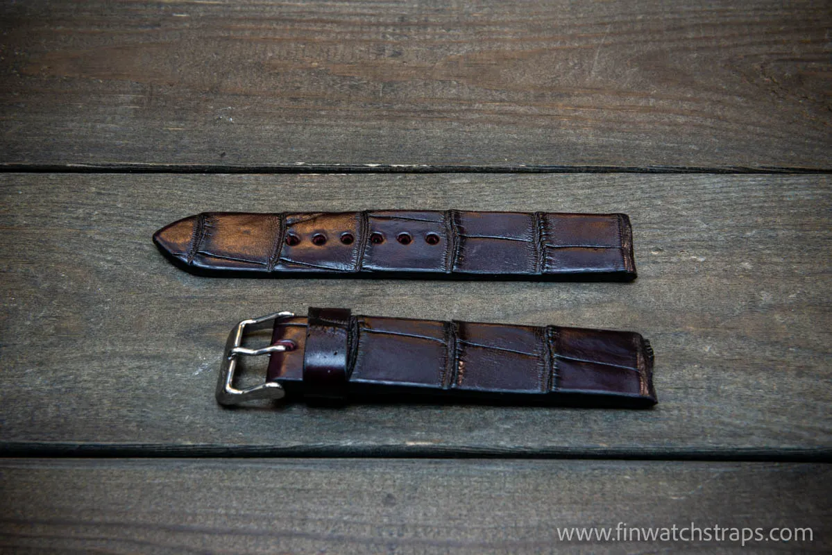 Alligator watch strap, Plum color,  handmade in Finland, 10-26 mm.
