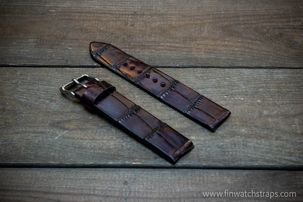 Alligator watch strap, Plum color,  handmade in Finland, 10-26 mm.