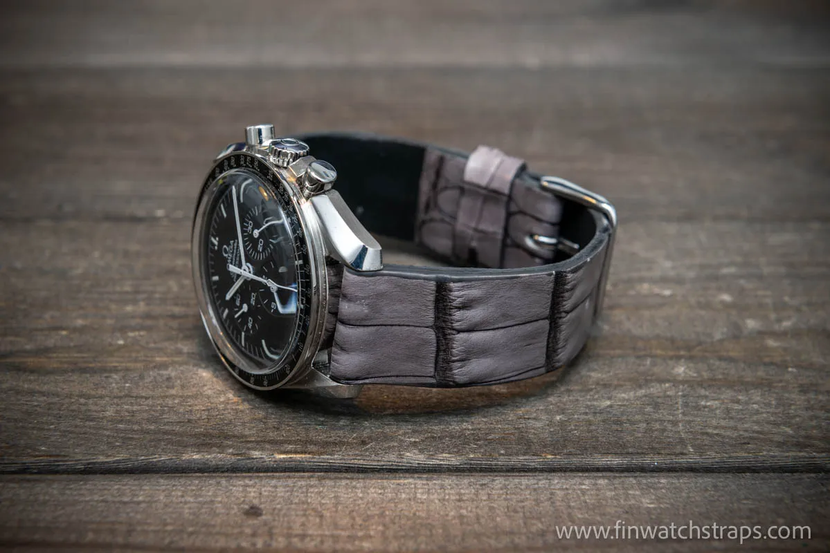 Alligator watch strap, Smoky grey, handmade in Finland, French Croco