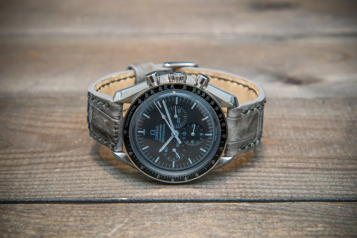 Alligator watch strap, Stone grey color, handmade in Finland