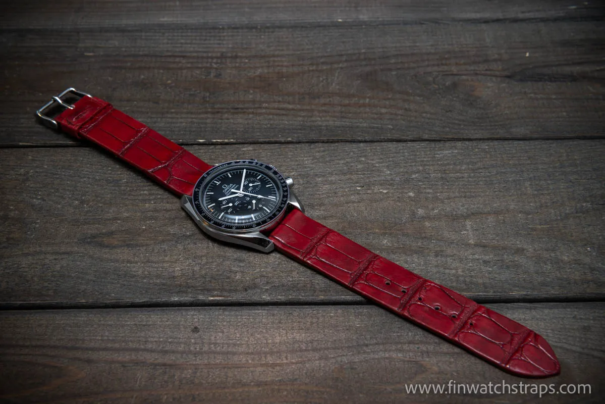 Alligator watch strap, Wine red, handmade in Finland, French Croco