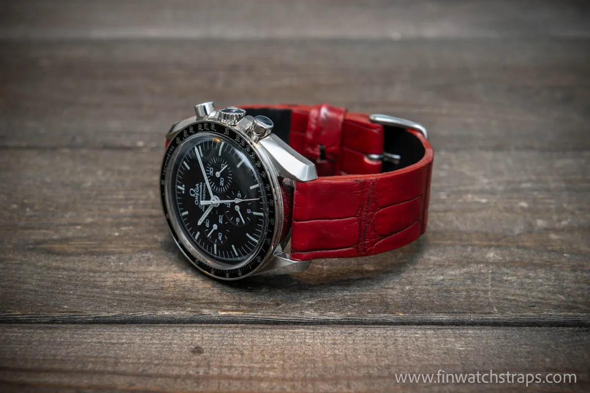 Alligator watch strap, Wine red, handmade in Finland, French Croco