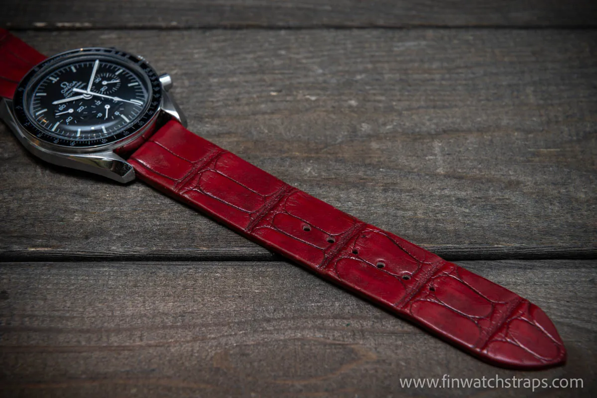 Alligator watch strap, Wine red, handmade in Finland, French Croco