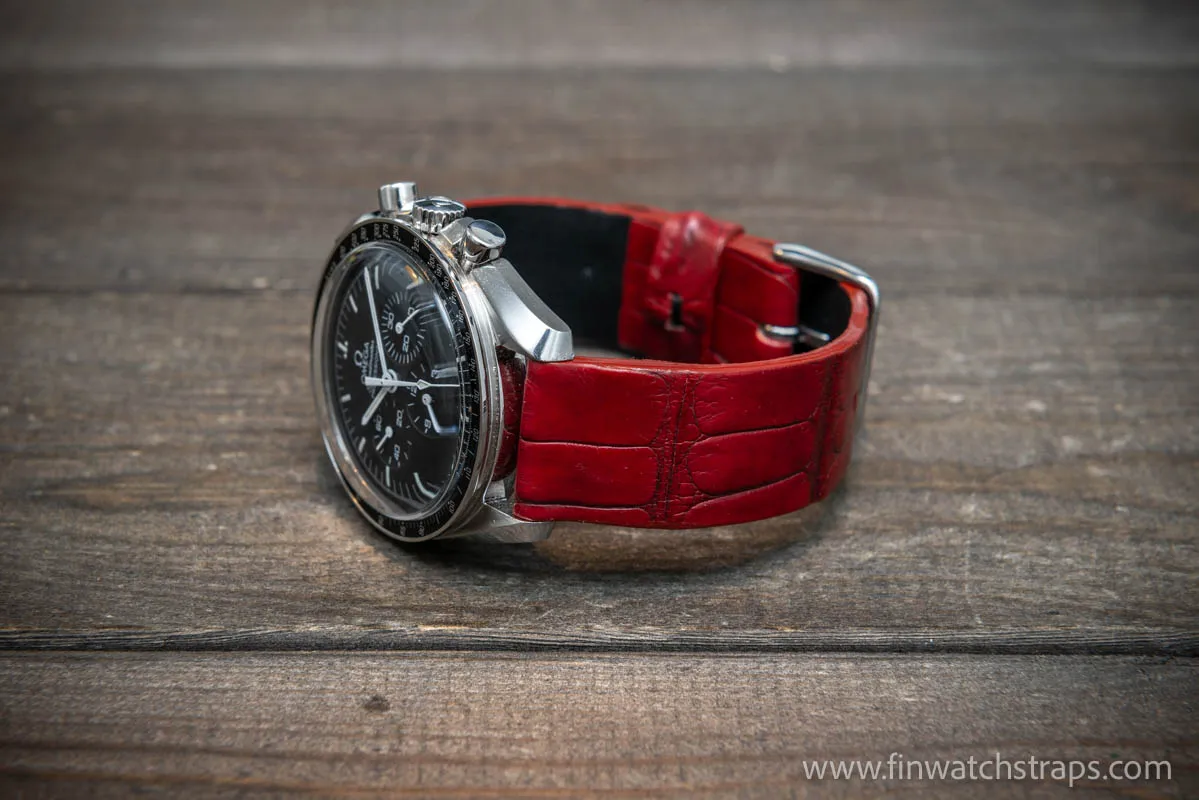 Alligator watch strap, Wine red, handmade in Finland, French Croco