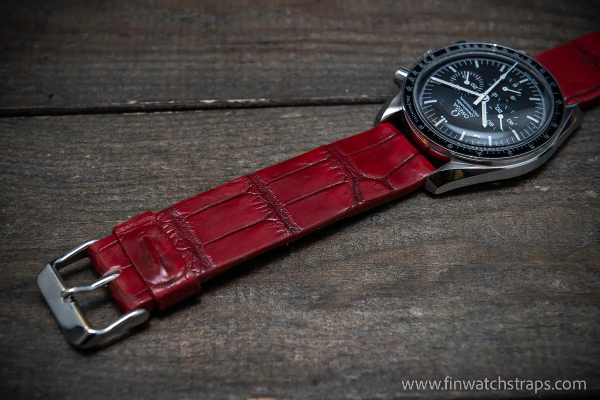 Alligator watch strap, Wine red, handmade in Finland, French Croco
