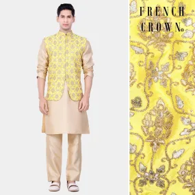 Almond Brown Kurta Set With Marigold Yellow And Quicksand Brown Thread Embroidered Nehru Jacket Almond Brown Kurta Set With Marigold Yellow And Quicksand Brown Thread Embroidered Nehru Jacket