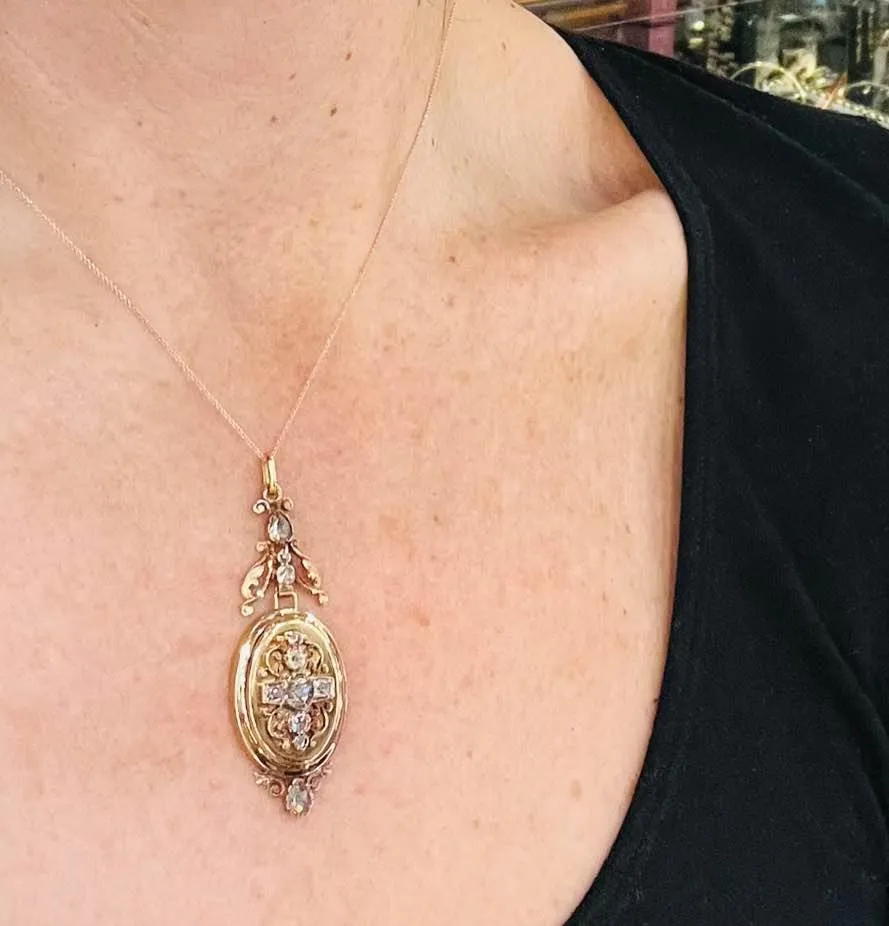 Antique French 18ct Rose Gold Diamond Locket