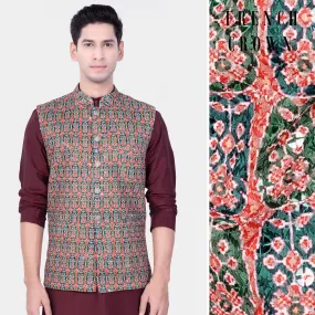Apricot Red And Genoa Green Designer Thread Embroidered Nehru Jacket Apricot Red And Genoa Green Designer Thread Embroidered Nehru Jacket