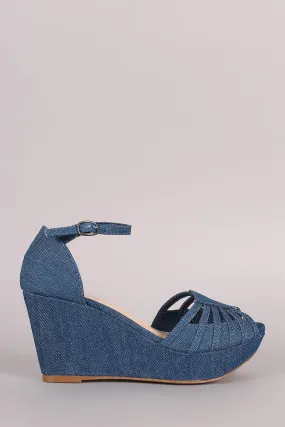 Bamboo Denim Strappy Peep Toe Platform Wedge Bamboo Denim Strappy Peep Toe Platform Wedge