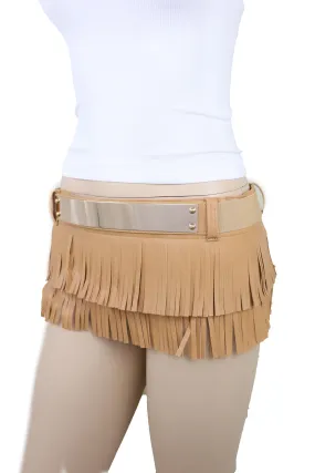 Beige Faux Leather Wrap Around Skirt Tie Fringes Belt Gold Metal Size S M Beige Faux Leather Wrap Around Skirt Tie Fringes Belt Gold Metal Size S M