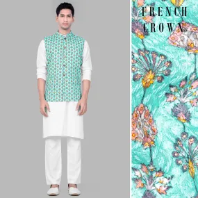 Bisque Beige Kurta Set With Aquamarine Blue And Tangerine Peach Designer Thread Embroidered Nehru Jacket Bisque Beige Kurta Set With Aquamarine Blue And Tangerine Peach Designer Thread Embroidered Nehru Jacket