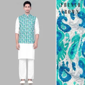 Bisque Beige Kurta Set With Bright White And Curious Blue Designer Thread Embroidered Nehru Jacket Bisque Beige Kurta Set With Bright White And Curious Blue Designer Thread Embroidered Nehru Jacket