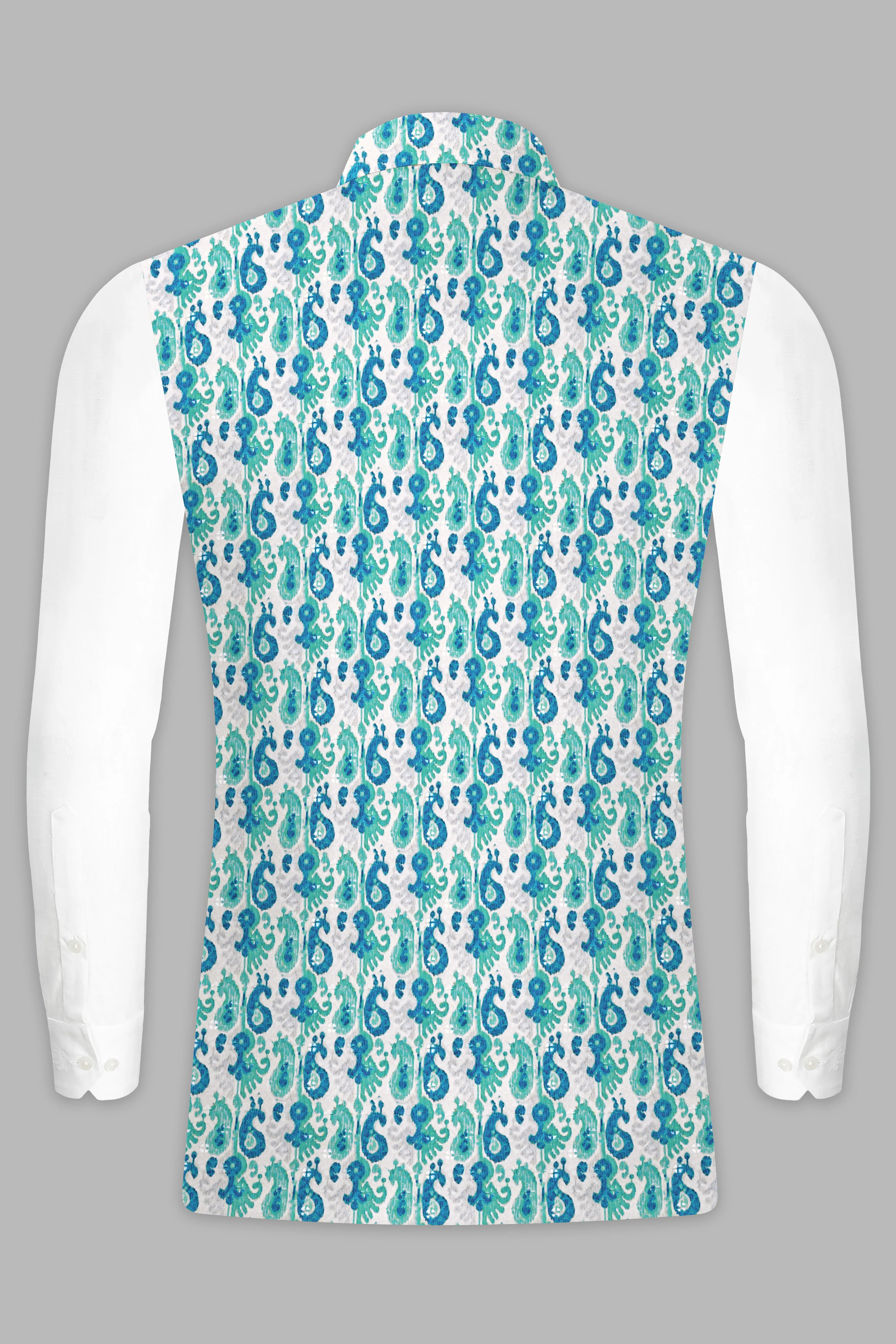 Bisque Beige Kurta Set With Bright White And Curious Blue Designer Thread Embroidered Nehru Jacket