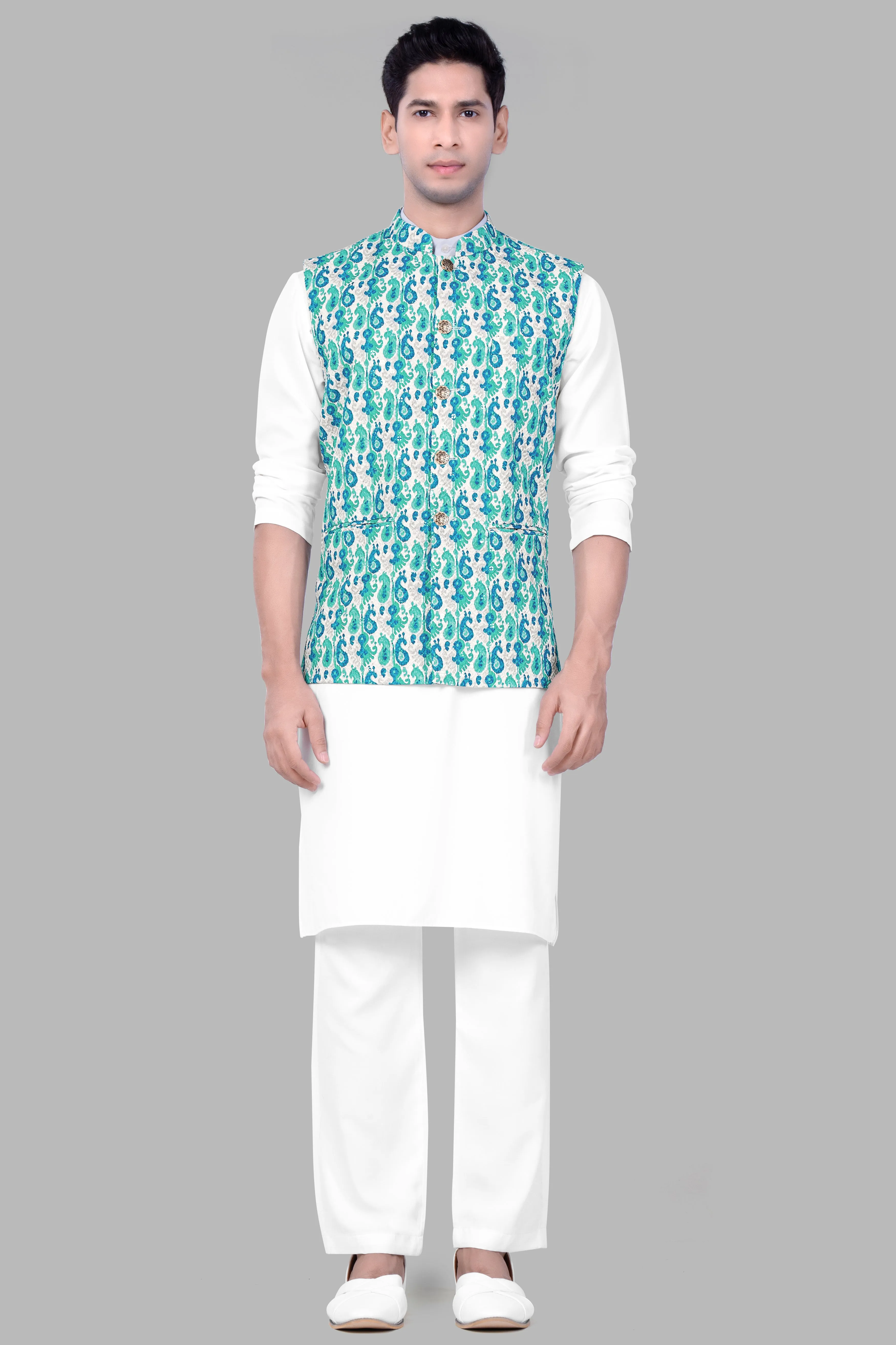 Bisque Beige Kurta Set With Bright White And Curious Blue Designer Thread Embroidered Nehru Jacket