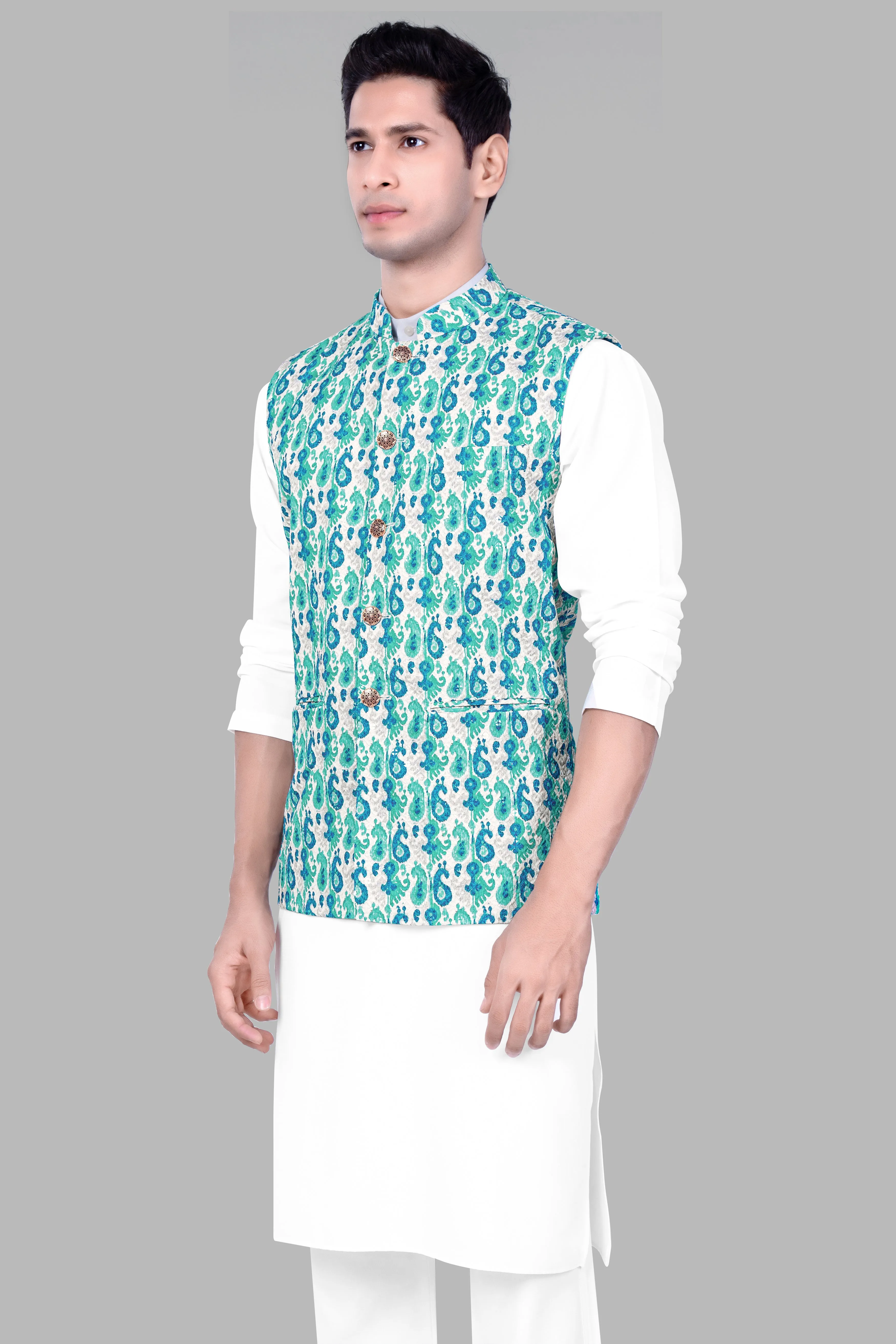 Bisque Beige Kurta Set With Bright White And Curious Blue Designer Thread Embroidered Nehru Jacket