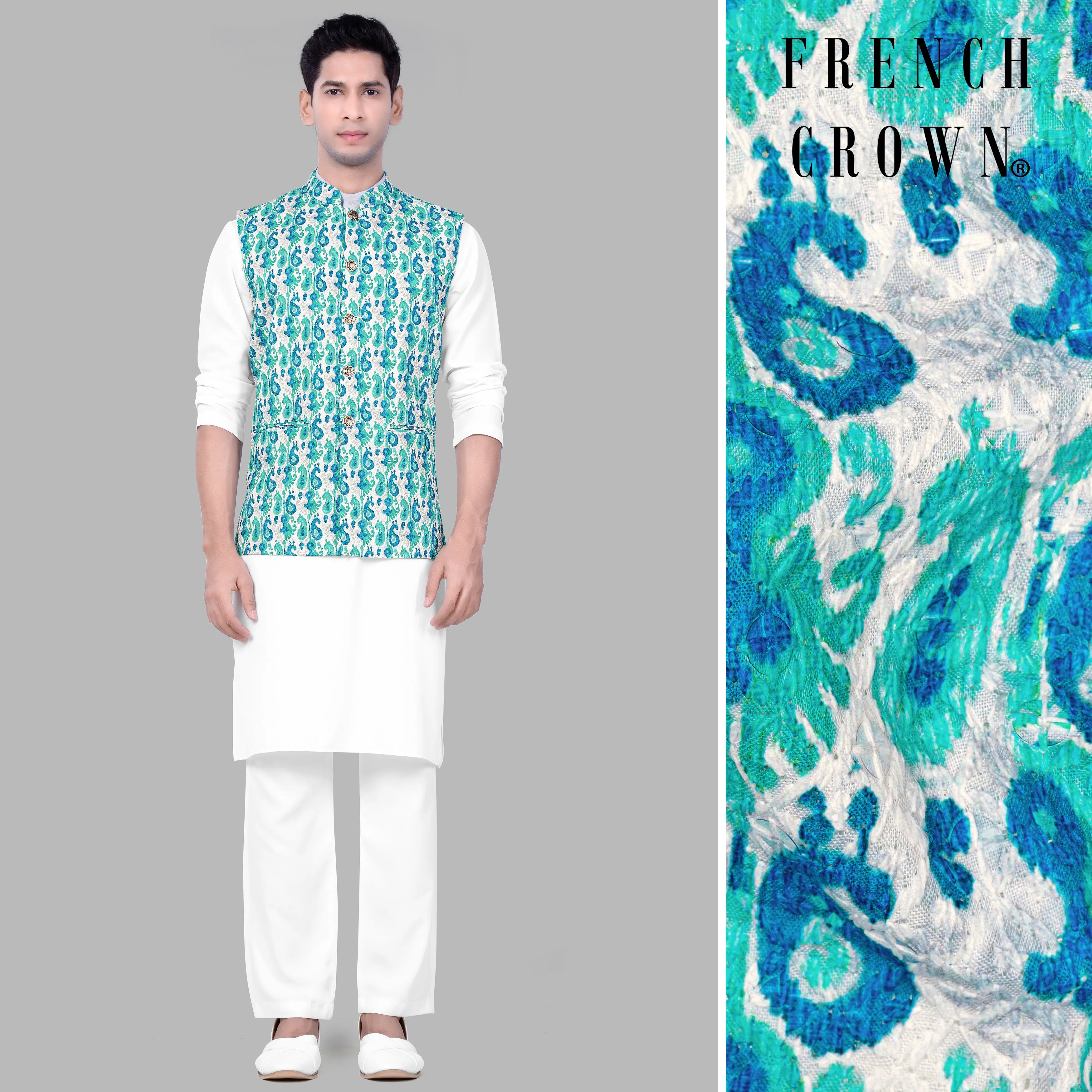 Bisque Beige Kurta Set With Bright White And Curious Blue Designer Thread Embroidered Nehru Jacket