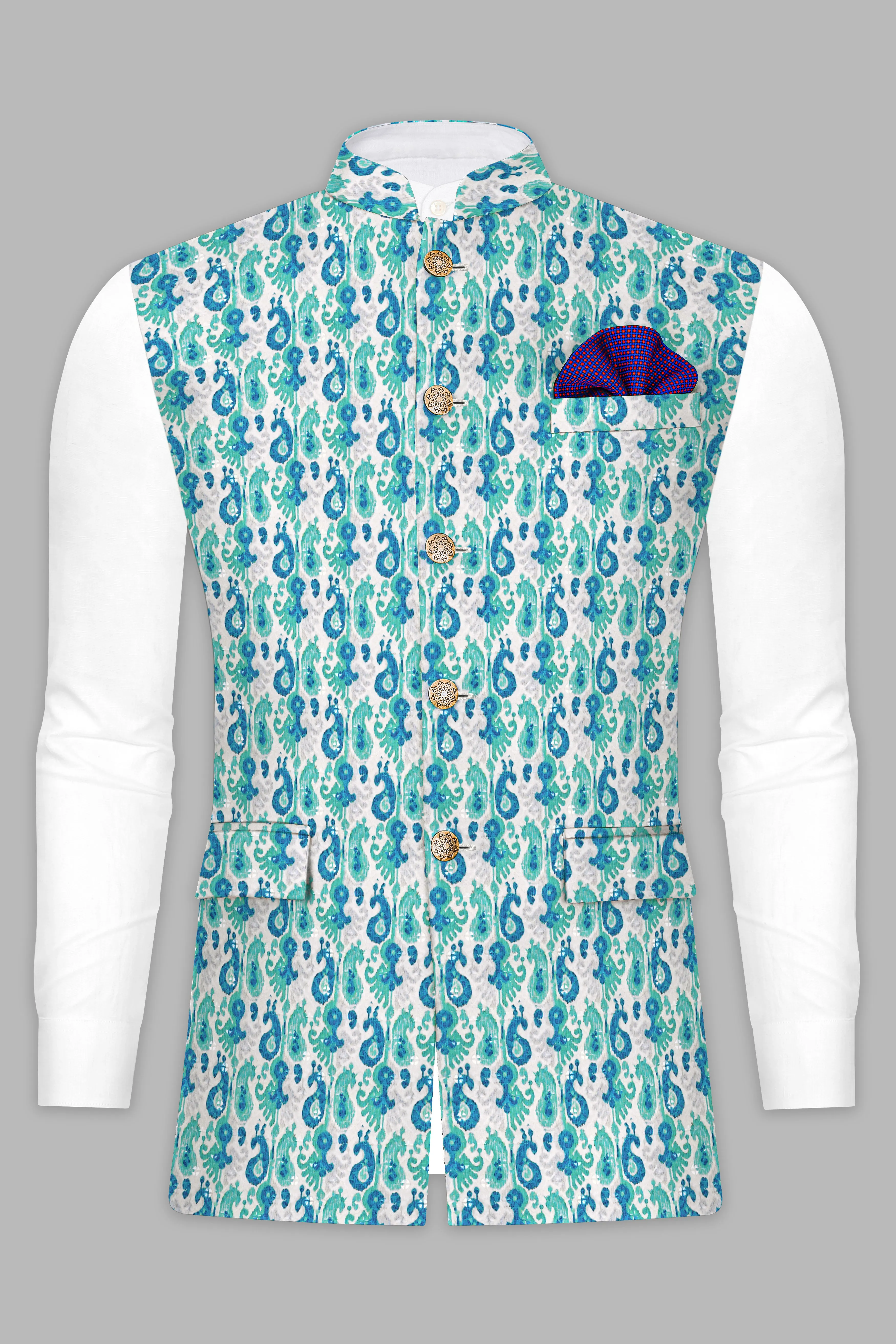 Bisque Beige Kurta Set With Bright White And Curious Blue Designer Thread Embroidered Nehru Jacket