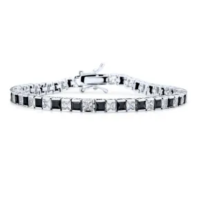 Black & White Square Princess Cut CZ Tennis Bracelet Silver Plated 7"