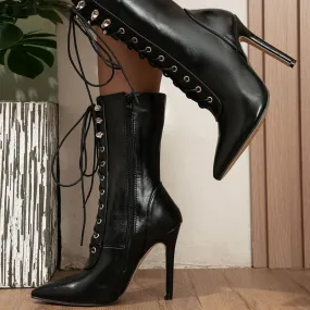 Black Lace-up Pointed High Heels with Victorian Style Straps Black Lace-up Pointed High Heels with Victorian Style Straps