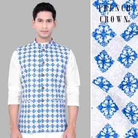 Bluish Blue And Bright White Trellis Designer Embroidered Nehru Jacket Bluish Blue And Bright White Trellis Designer Embroidered Nehru Jacket