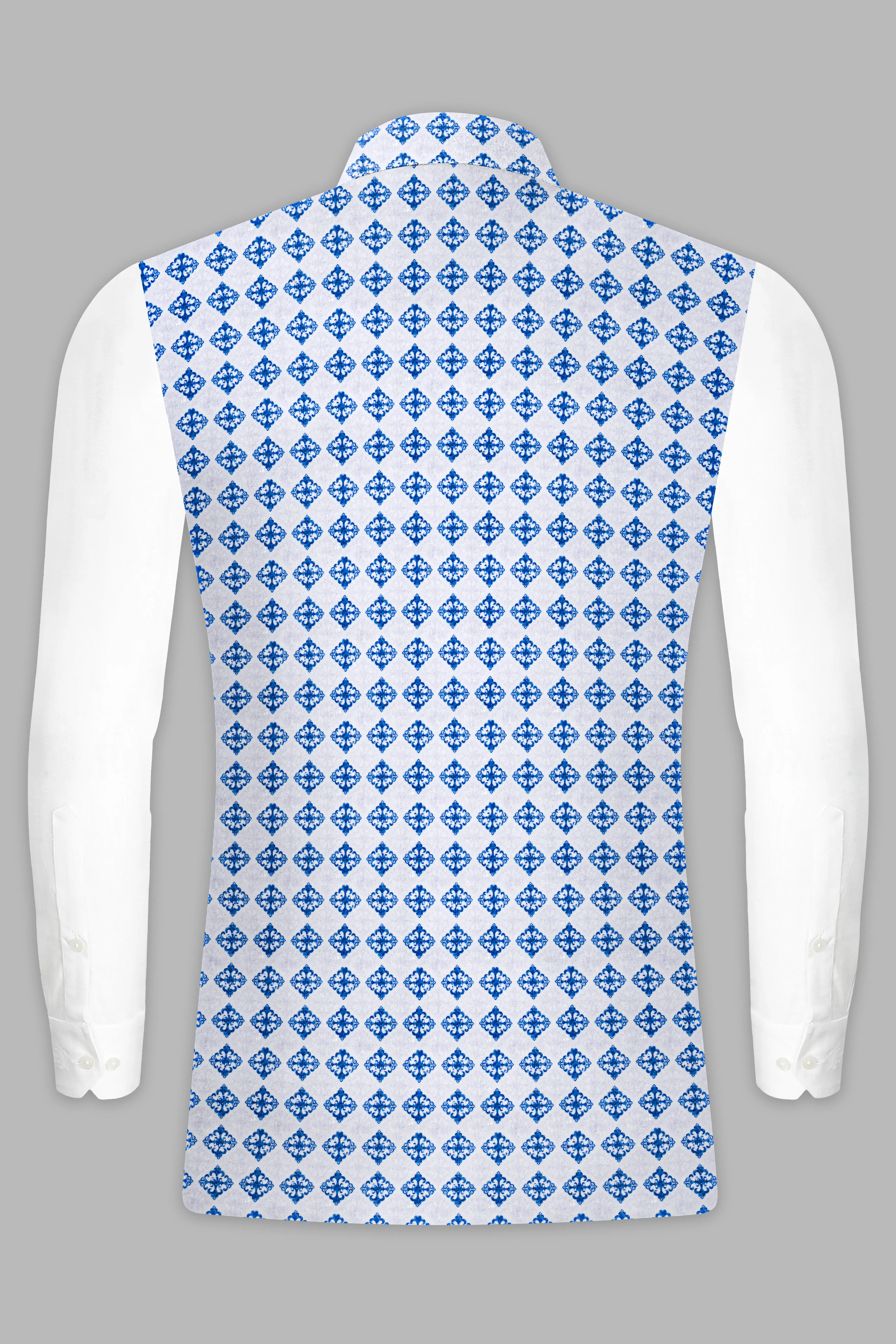 Bluish Blue And Bright White Trellis Designer Embroidered Nehru Jacket