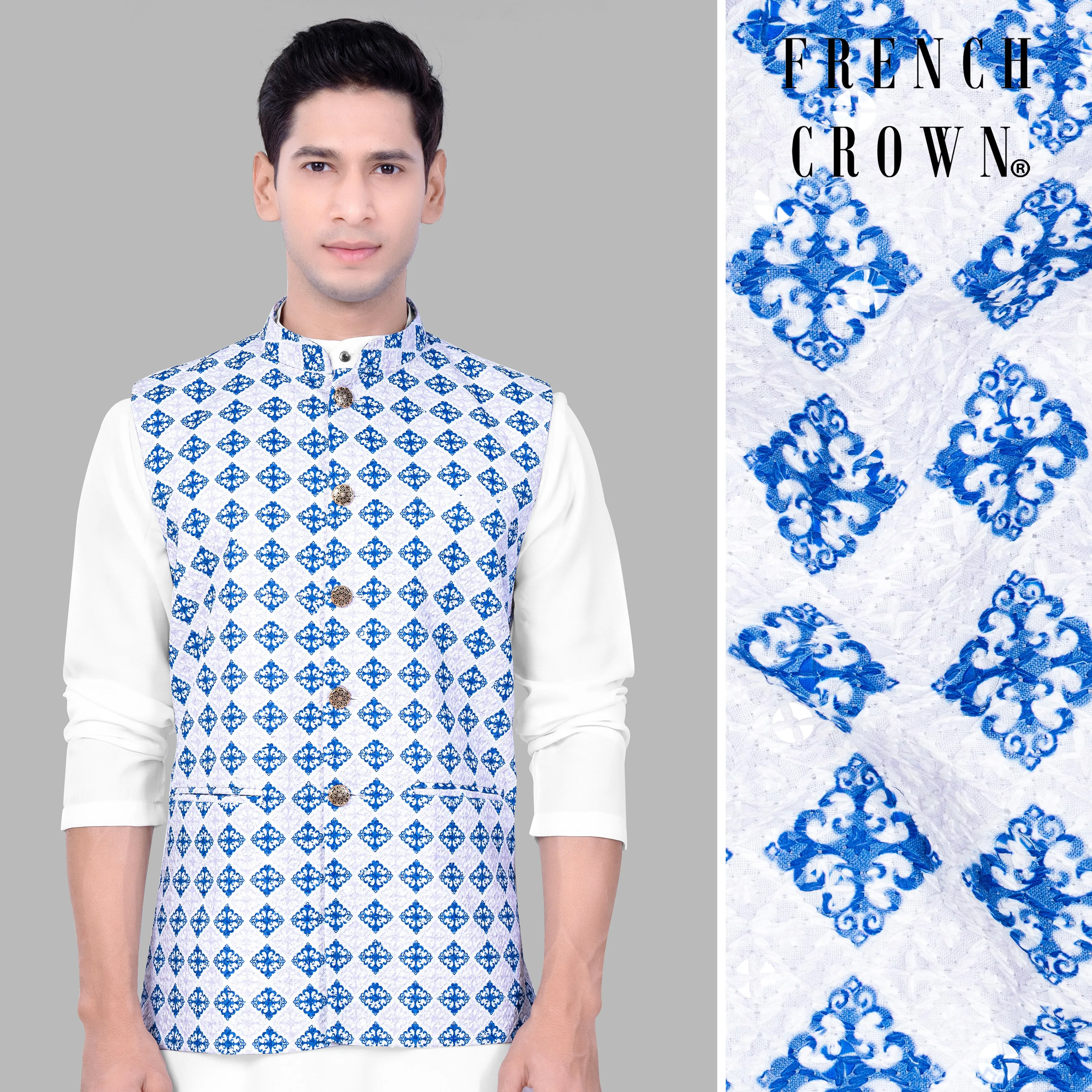 Bluish Blue And Bright White Trellis Designer Embroidered Nehru Jacket