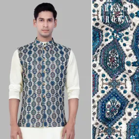 Bluish blue And Claret Red Thread Embroidered Nehru Jacket Bluish blue And Claret Red Thread Embroidered Nehru Jacket