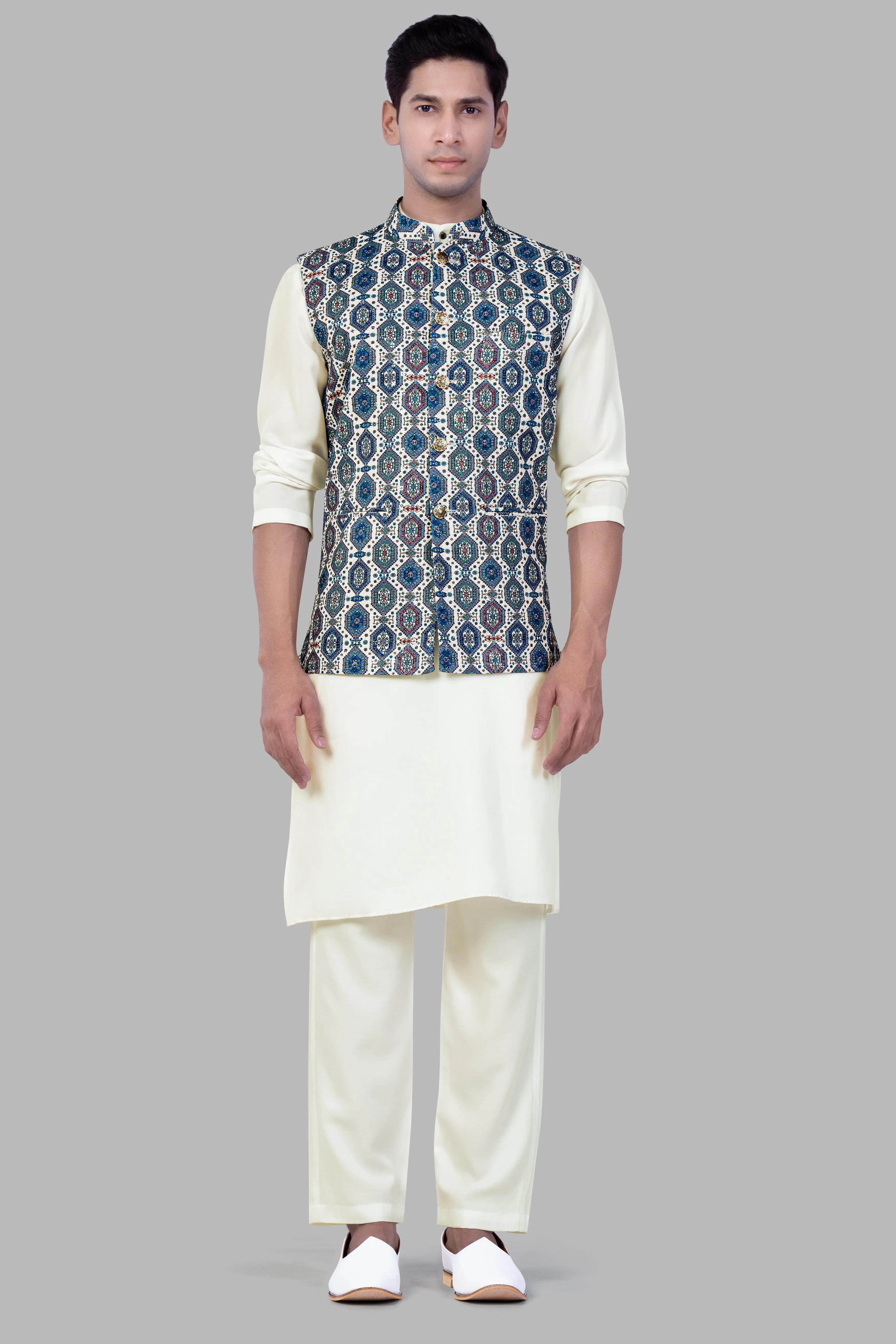 Bluish blue And Claret Red Thread Embroidered Nehru Jacket