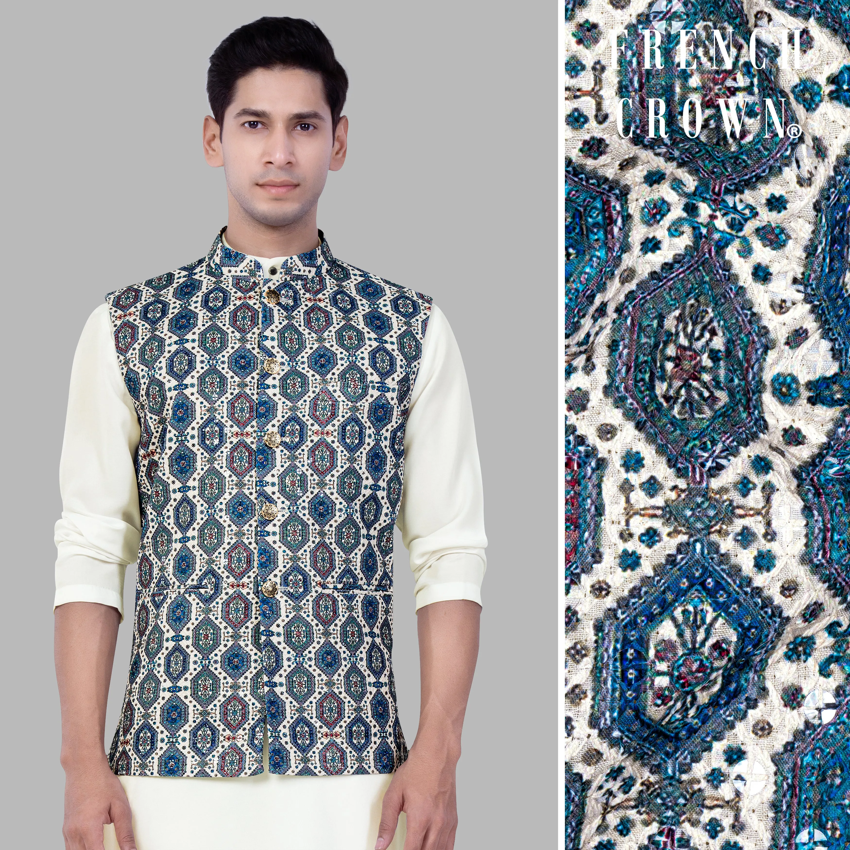 Bluish blue And Claret Red Thread Embroidered Nehru Jacket